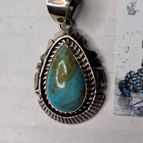 SUNWEST SILVER Pear Cut Kingman Turquoise Pendant Necklace - Picture 3 of 6